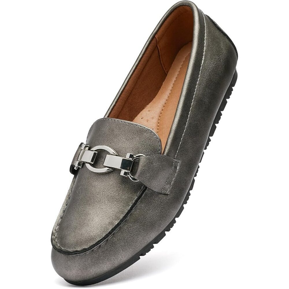 Womens Metallic Gray Faux Leather On Comfort Chunky Heel Lug Sole Loafers Shoes